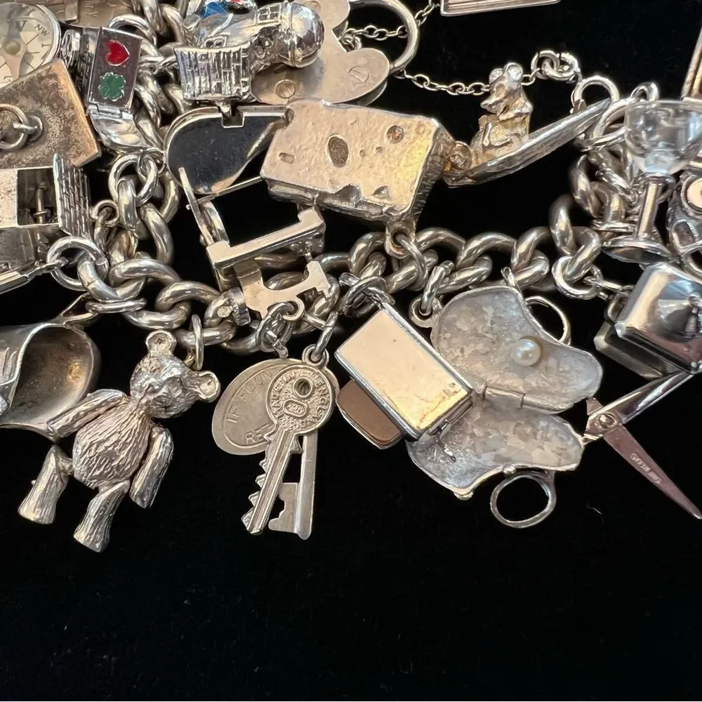 VINTAGE CHARM BRACELET HEART LOCKET TRAVEL 60s 70s STERLING SILVER 925 124G EVC